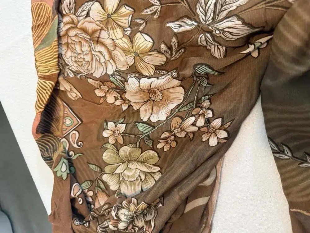 Vintage Brown Floral Print Lightweight Oblong  Silk Scarf